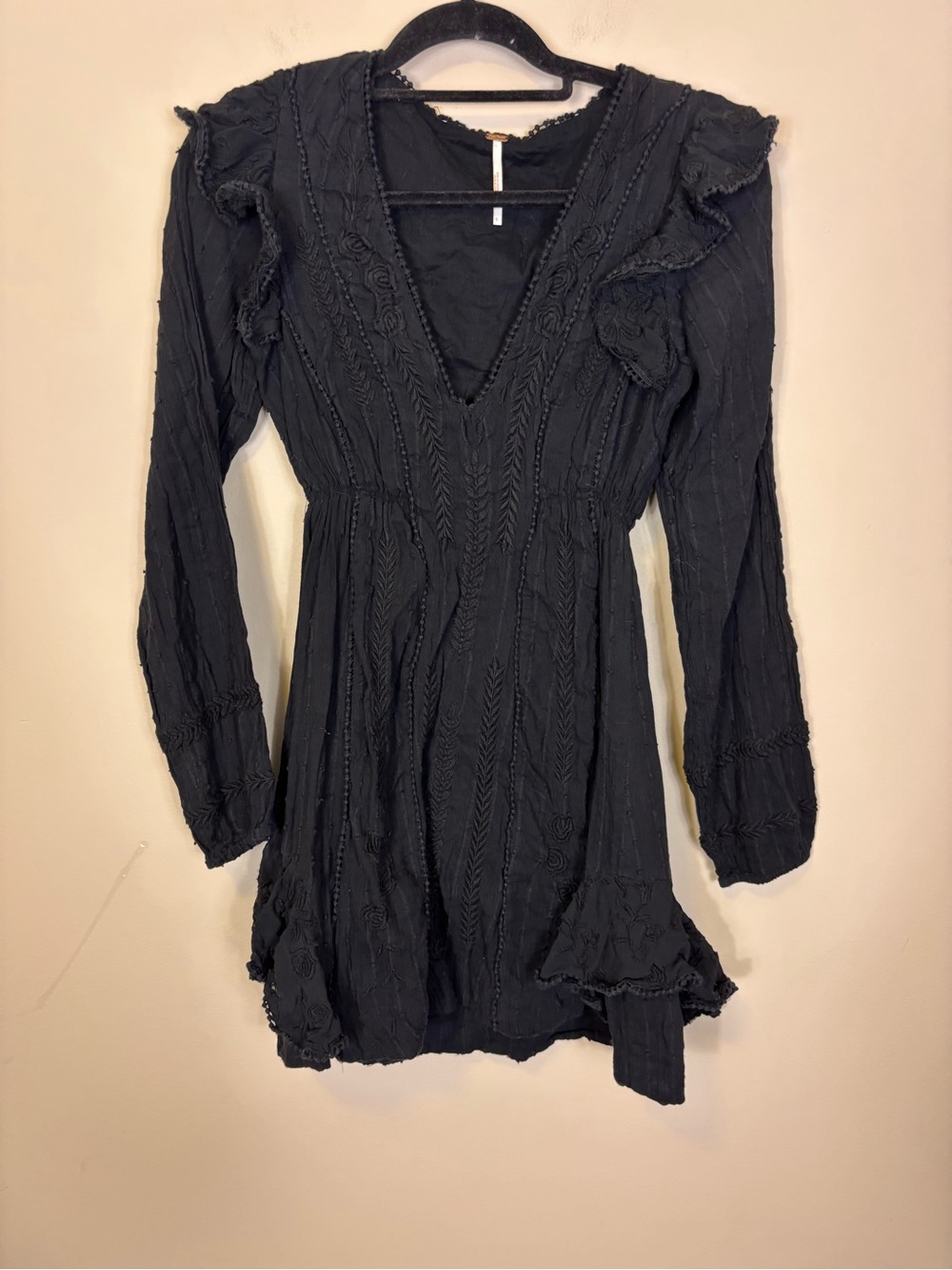 Free People Black Long Sleeve V-Neck Ruffle Embroidered Mini Dress 0